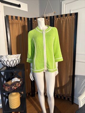 Vibrant Green Knit Zip-Front Sweater Jacket - Women